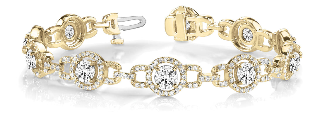 Yellow gold Round Diamond Halo Link Bracelet with Prong Setting