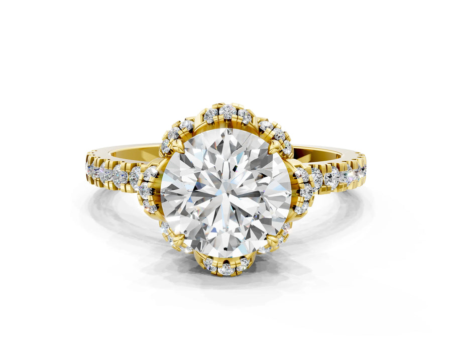 Yellow gold Round Diamond Halo Pave Band with Four-Prong Setting