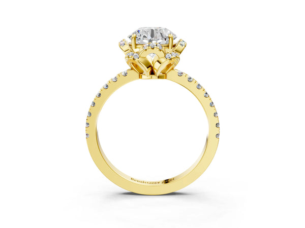 Yellow gold Round Diamond Halo Pave Band with Four-Prong Setting