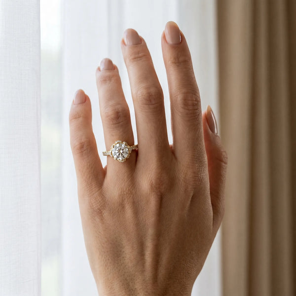 Yellow gold Round Diamond Halo Pave Band with Four-Prong Setting