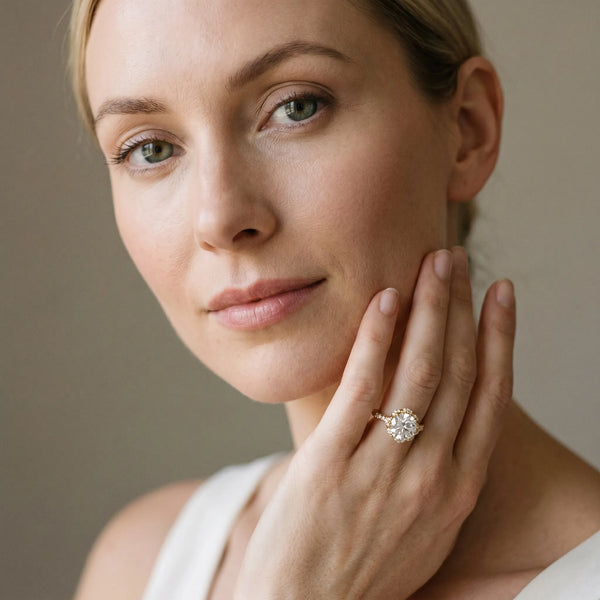 Yellow gold Round Diamond Halo Pave Band with Four-Prong Setting
