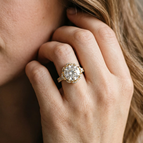 Yellow gold Round Diamond Halo Pave Band with Four-Prong Setting