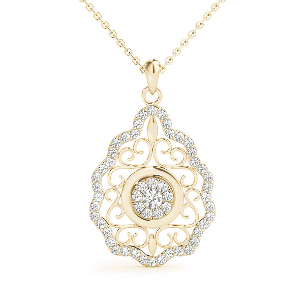 Yellow gold Round Diamond Halo Pendant with Filigree Design