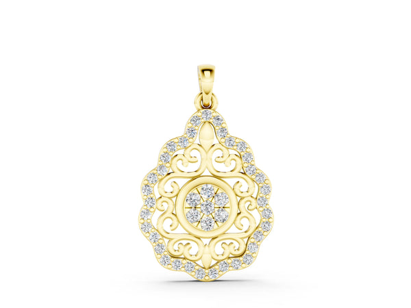 Yellow gold Round Diamond Halo Pendant with Filigree Design