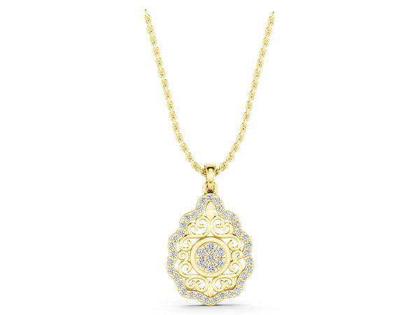Yellow gold Round Diamond Halo Pendant with Filigree Design
