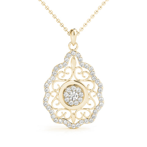 Yellow gold Round Diamond Halo Pendant with Filigree Design