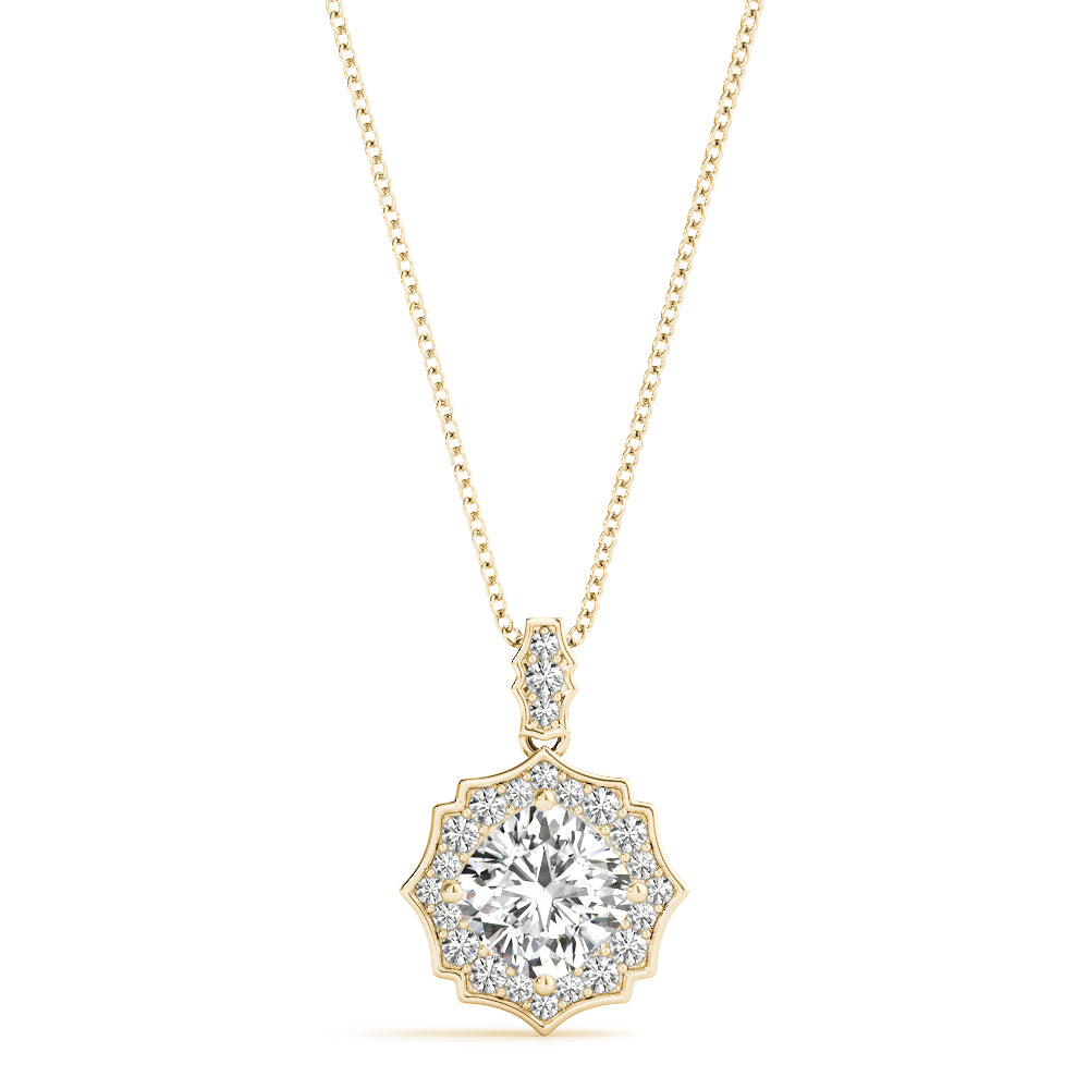 Yellow gold Round Diamond Halo Pendant with Milgrain Prong Setting