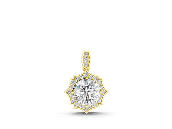 Yellow gold Round Diamond Halo Pendant with Milgrain Prong Setting