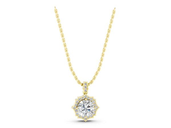 Yellow gold Round Diamond Halo Pendant with Milgrain Prong Setting