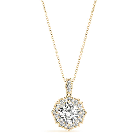Yellow gold Round Diamond Halo Pendant with Milgrain Prong Setting