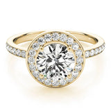 Yellow gold Round Diamond Halo Ring with Bezel Frame and Pavé Band 1