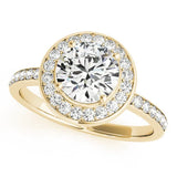 Yellow gold Round Diamond Halo Ring with Bezel Frame and Pavé Band
