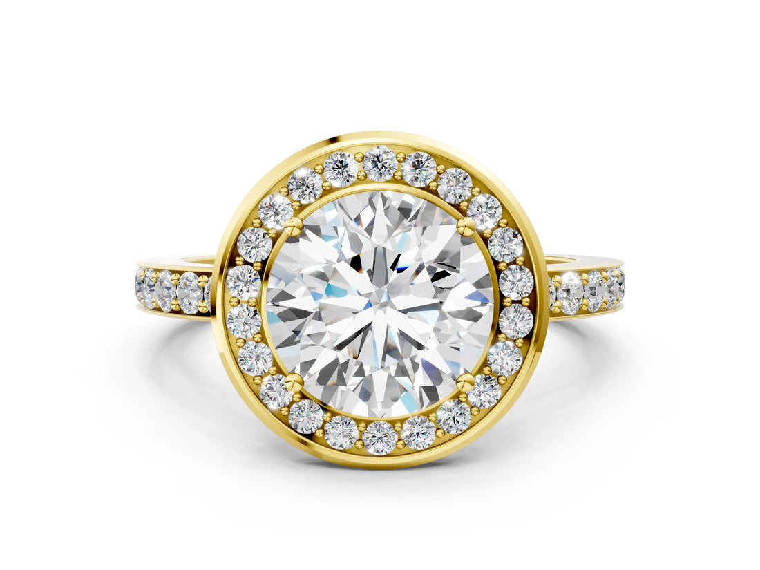 Yellow gold Round Diamond Halo Ring with Bezel Frame and Pavé Band_6