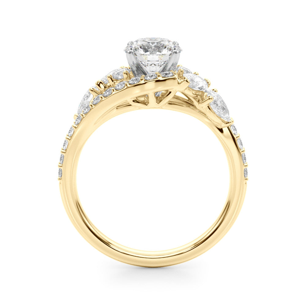 Yellow gold Round Diamond Halo Ring with Marquise and Pavé Band in Prong Setting 2