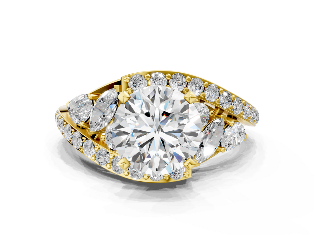 Yellow gold Round Diamond Halo Ring with Marquise and Pavé Band in Prong Setting_66