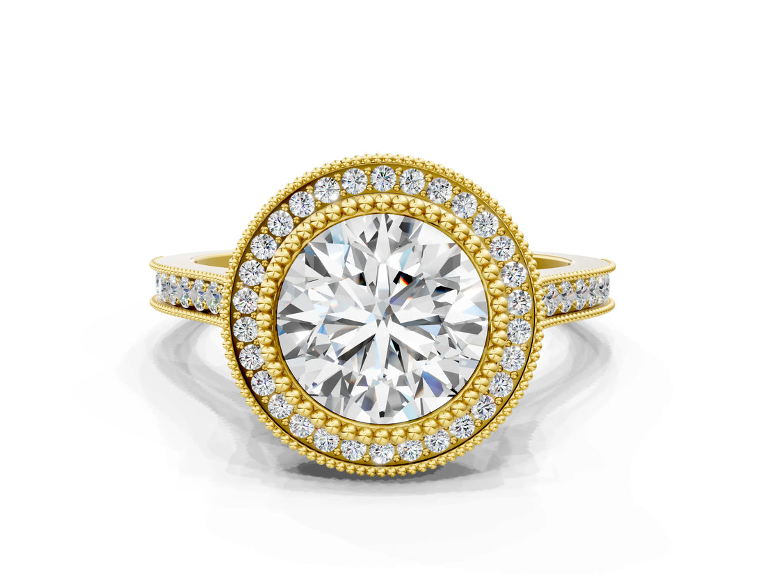 Yellow gold Round Diamond Halo Ring with Milgrain Frame and Pavé Band_58