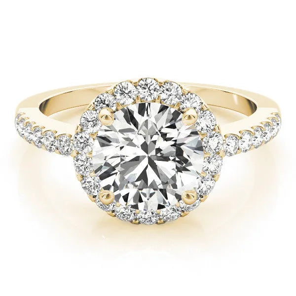 Yellow gold Round Diamond Halo Ring with Pavé Band and Four-Prong Setting