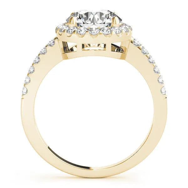 Yellow gold Round Diamond Halo Ring with Pavé Band and Four-Prong Setting