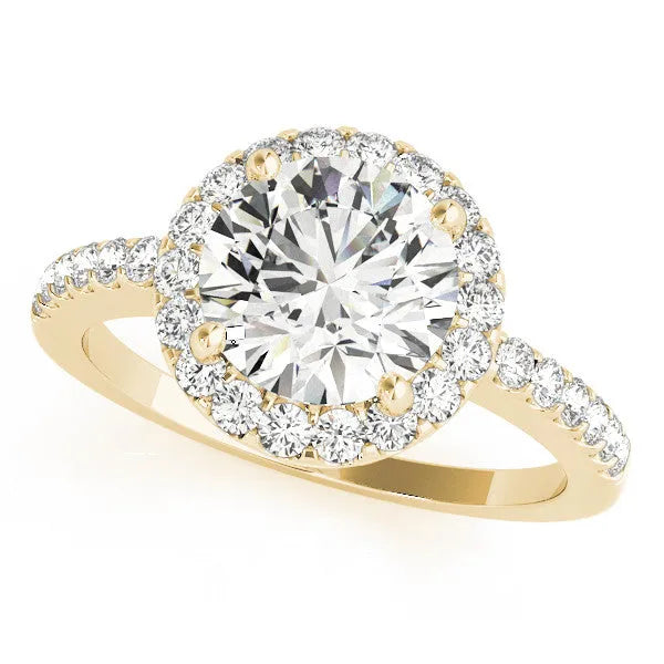 Yellow gold Round Diamond Halo Ring with Pavé Band and Four-Prong Setting