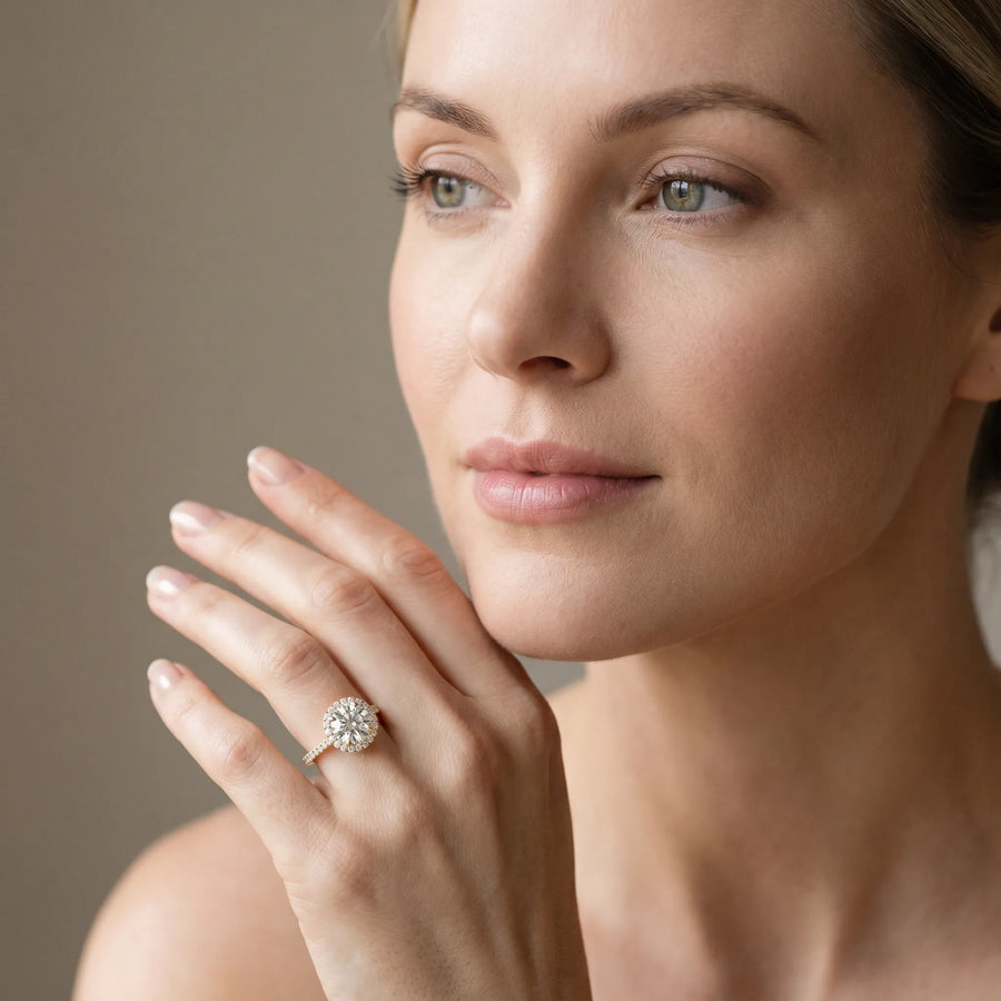 Yellow gold Round Diamond Halo Ring with Pavé Band and Four-Prong Setting
