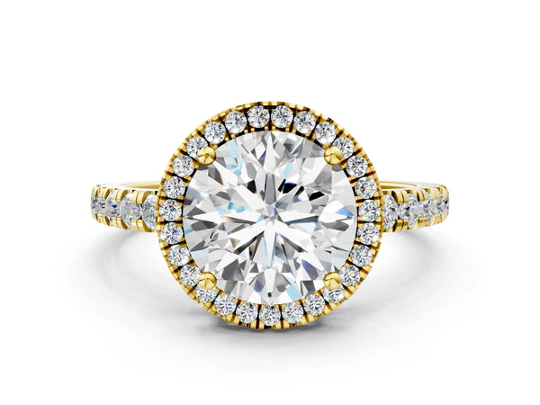Yellow gold Round Diamond Halo Ring with Pavé Band and Four-Prong Setting