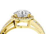 Yellow gold Round Diamond Halo Ring with Split Shank Pavé Band and Four-Prong Setting_10