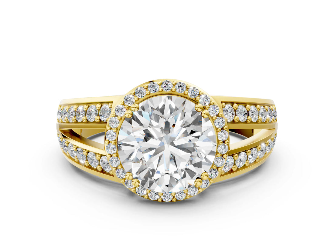 Yellow gold Round Diamond Halo Ring with Split Shank Pavé Band and Four-Prong Setting_6
