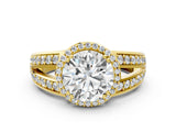 Yellow gold Round Diamond Halo Ring with Split Shank Pavé Band and Four-Prong Setting_6