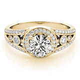 Yellow gold Round Diamond Halo Ring with Split Shank and Bezel Accents and Four-Prong Setting 1