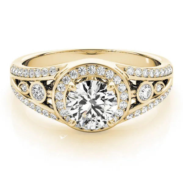 Yellow gold Round Diamond Halo Ring with Split Shank and Bezel Accents and Four-Prong Setting