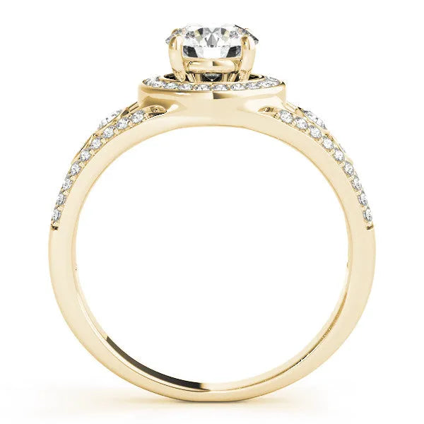 Yellow gold Round Diamond Halo Ring with Split Shank and Bezel Accents and Four-Prong Setting