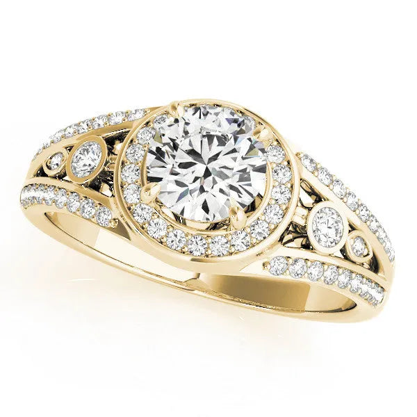 Yellow gold Round Diamond Halo Ring with Split Shank and Bezel Accents and Four-Prong Setting