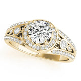 Yellow gold Round Diamond Halo Ring with Split Shank and Bezel Accents and Four-Prong Setting
