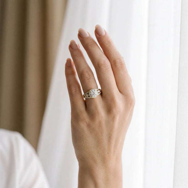 Yellow gold Round Diamond Halo Ring with Split Shank and Bezel Accents and Four-Prong Setting