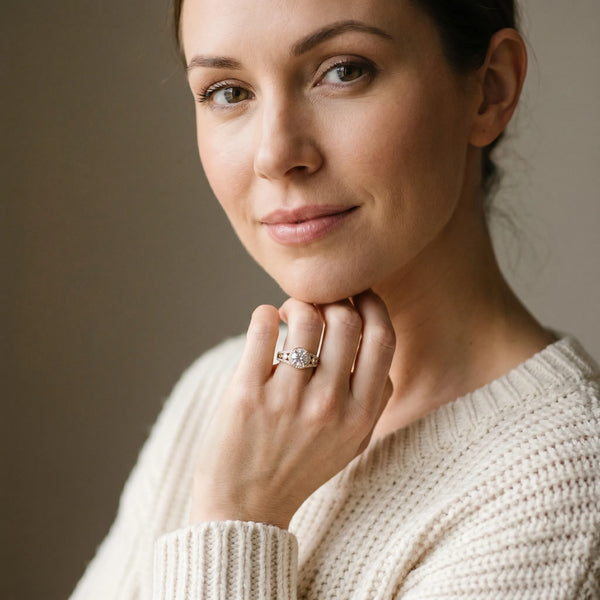 Yellow gold Round Diamond Halo Ring with Split Shank and Bezel Accents and Four-Prong Setting