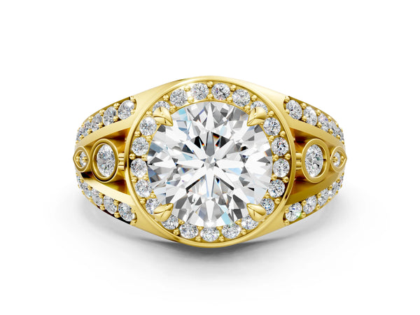 Yellow gold Round Diamond Halo Ring with Split Shank and Bezel Accents and Four-Prong Setting