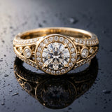Yellow gold Round Diamond Halo Ring with Split Shank and Bezel Accents and Four-Prong Setting_15
