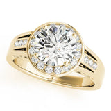 Yellow gold Round Diamond Halo Ring with Split Shank and Bezel Accents and Prong Setting