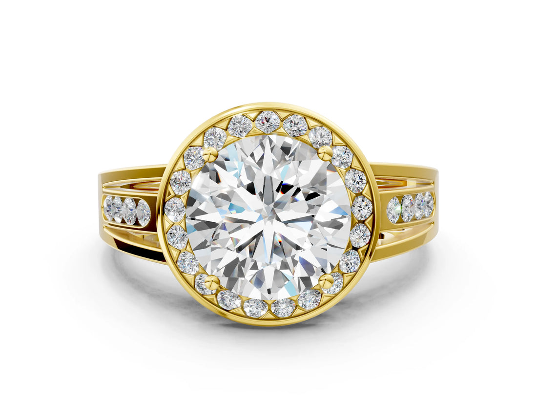 Yellow gold Round Diamond Halo Ring with Split Shank and Bezel Accents and Prong Setting_18