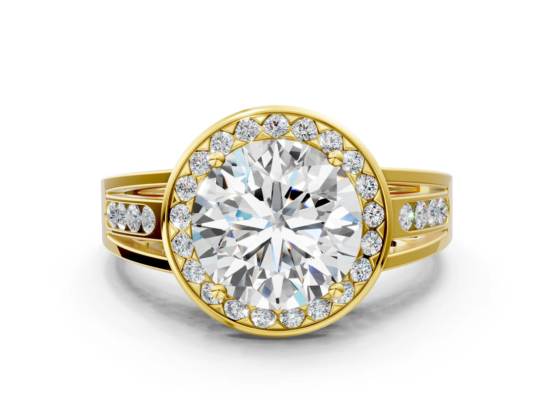 Yellow gold Round Diamond Halo Ring with Split Shank and Bezel Accents and Prong Setting_30