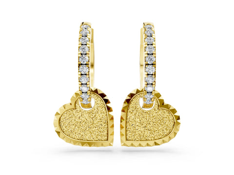 Yellow gold Round Diamond Heart Charm Huggie Hoop Earrings