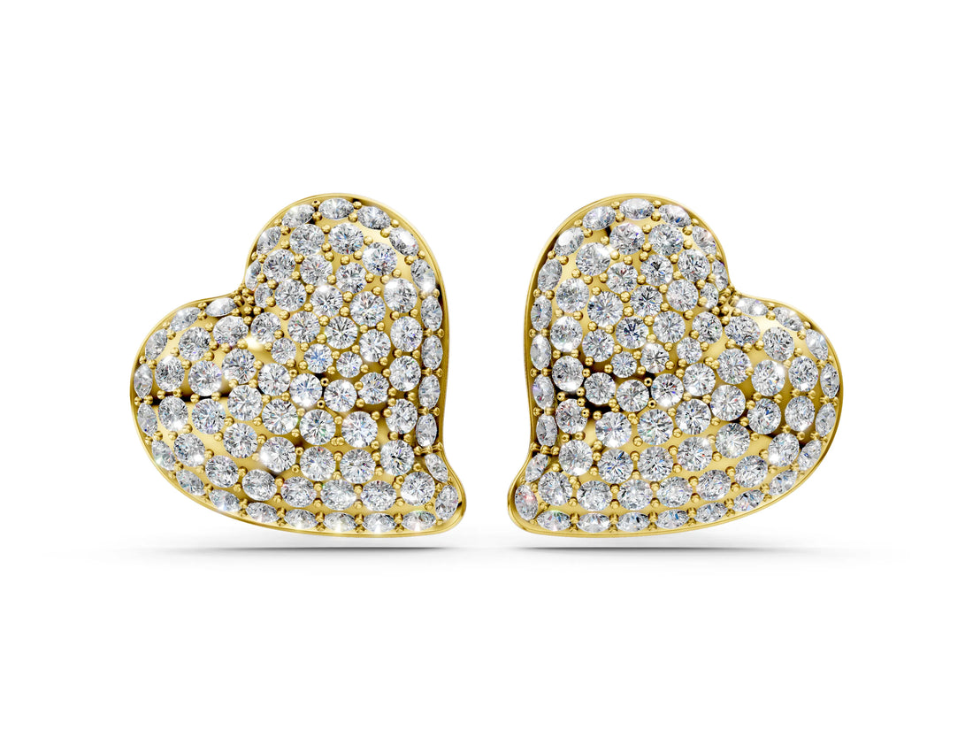 Yellow gold Round Diamond Heart Pavé Stud Earrings
