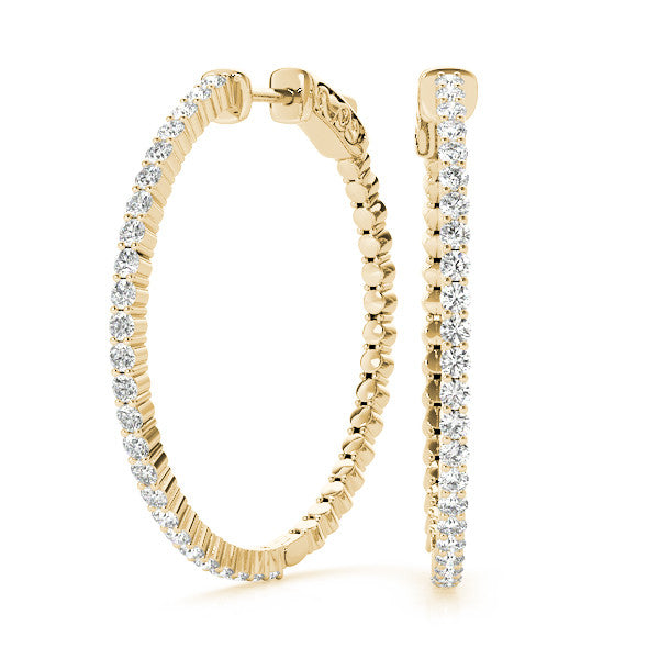Yellow gold Round Diamond Hoop Earrings with Pave Setting and Shared Prong
