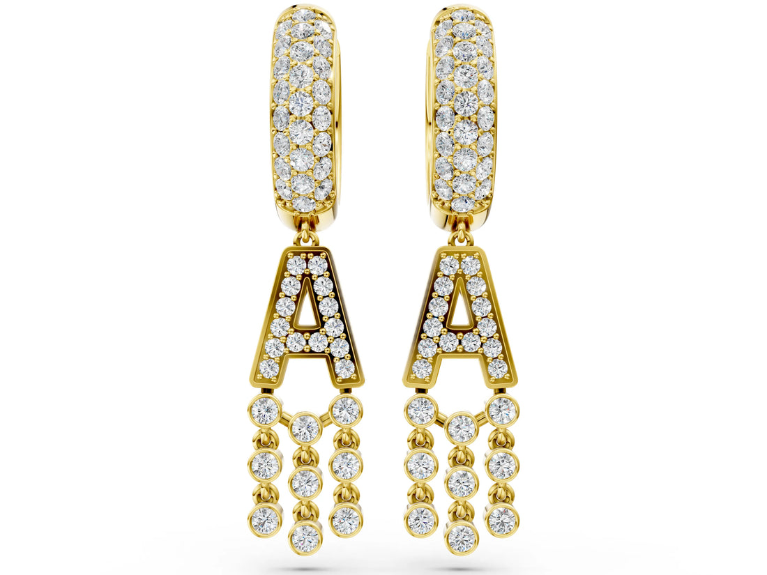 Yellow gold Round Diamond Initial A Huggie Hoop Earrings