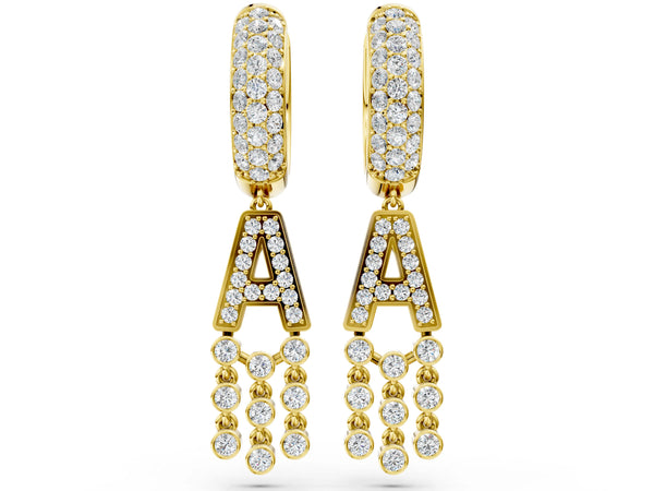 Yellow gold Round Diamond Initial A Huggie Hoop Earrings