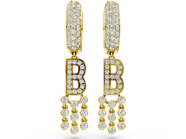 Yellow gold Round Diamond Initial B Huggie Hoop Earrings