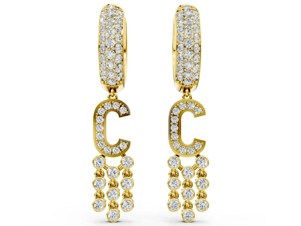 Yellow gold Round Diamond Initial C Huggie Hoop Earrings