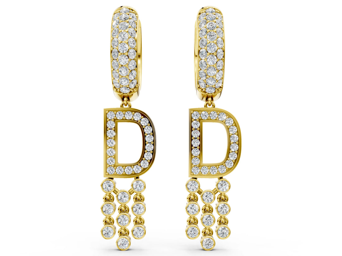 Yellow gold Round Diamond Initial D Huggie Hoop Earrings