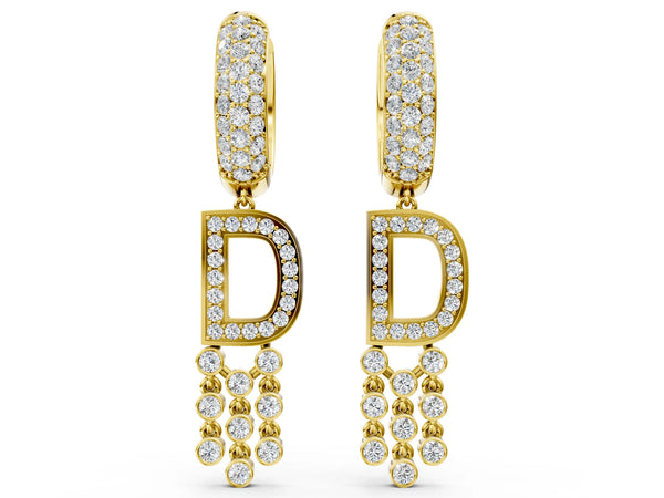Yellow gold Round Diamond Initial D Huggie Hoop Earrings