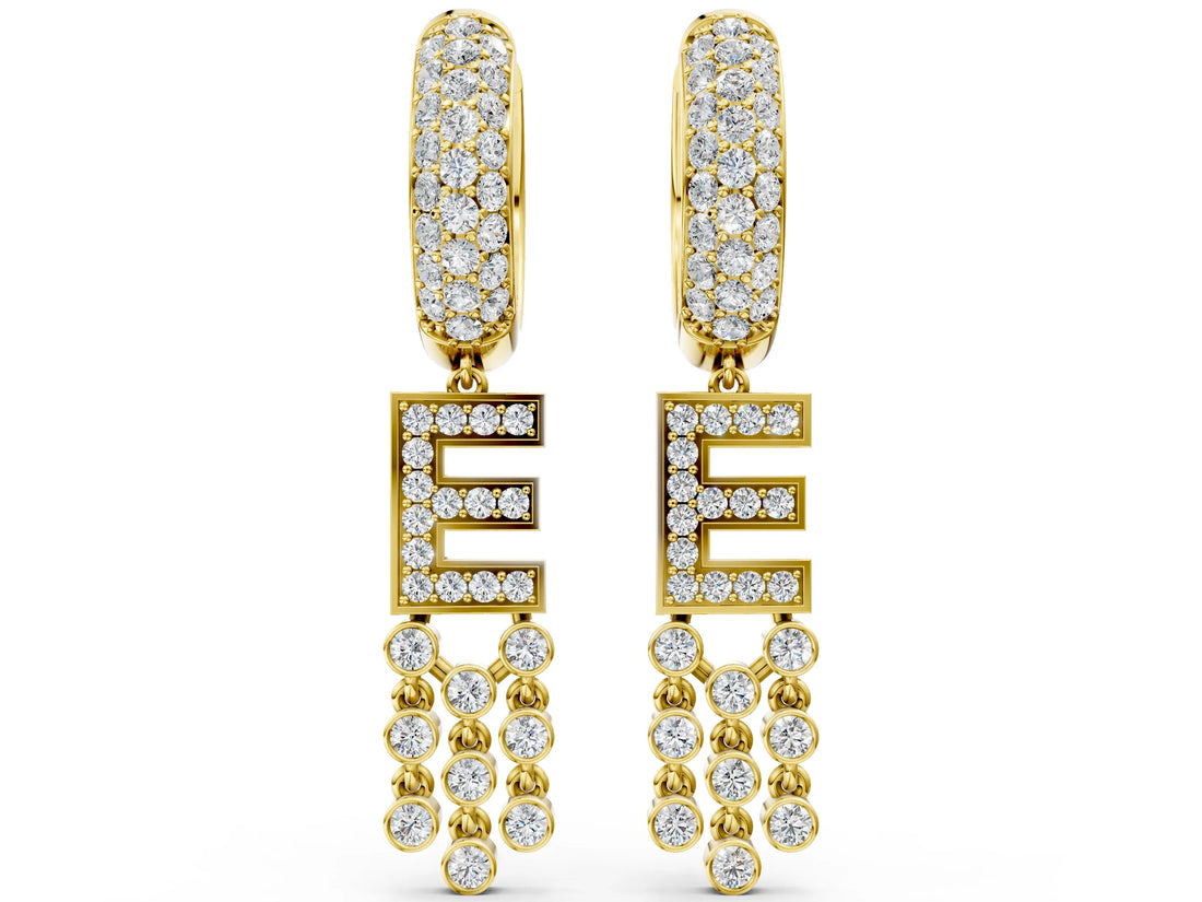 Yellow gold Round Diamond Initial E Huggie Hoop Earrings